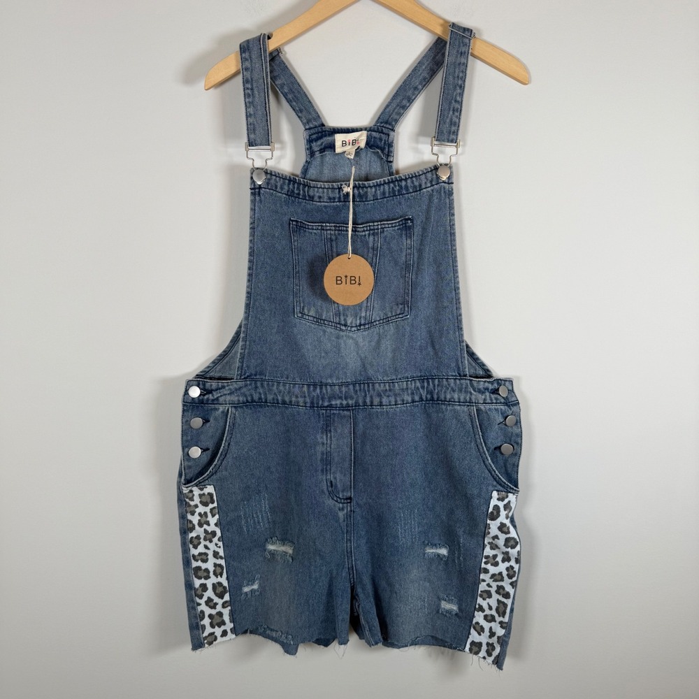 NEW BIBI Leopard Print Distressed Denim Shortalls Large Overalls 100% Cotton